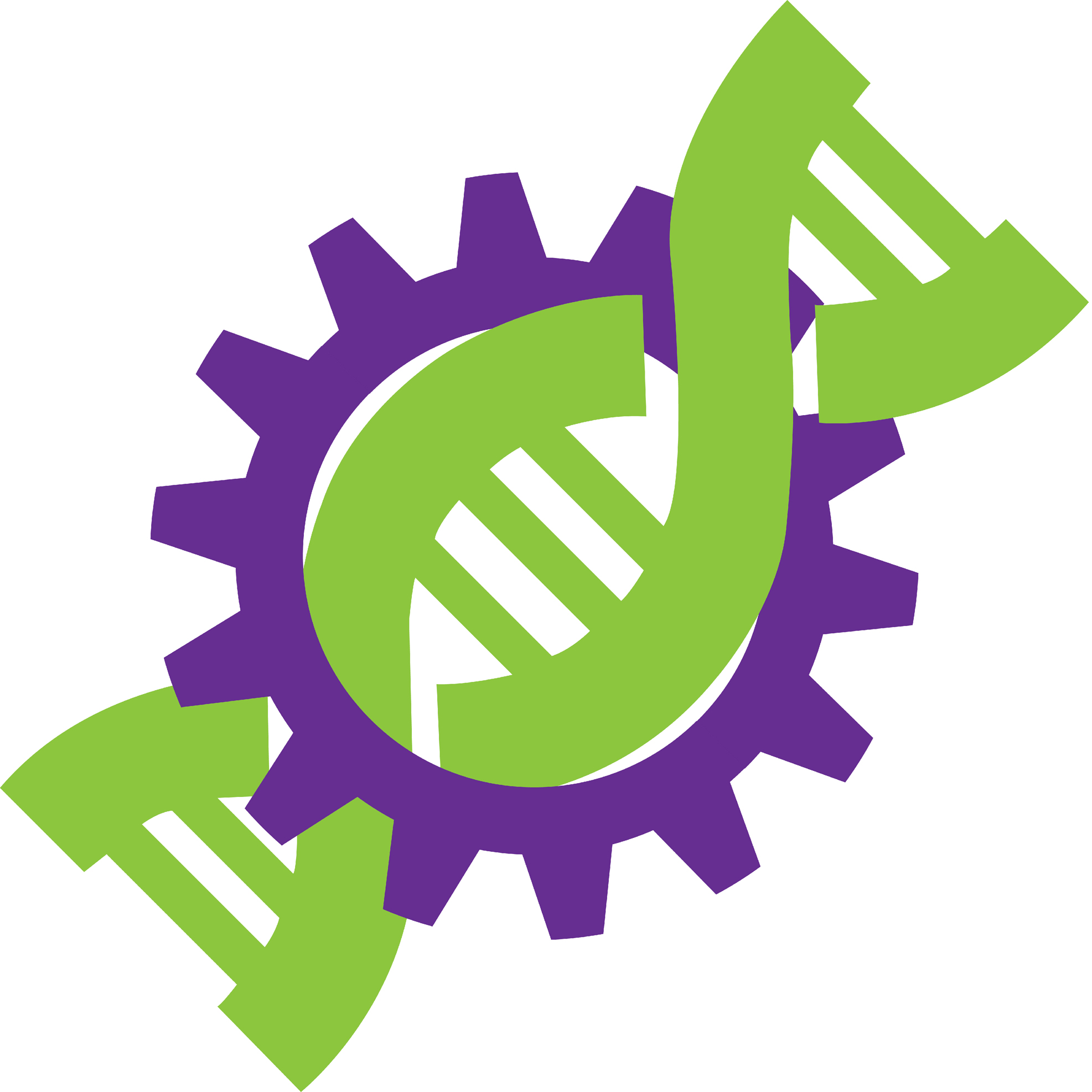 cbm2 logo, vector art which features a green double-helix DNA strand threaded through a purple gear